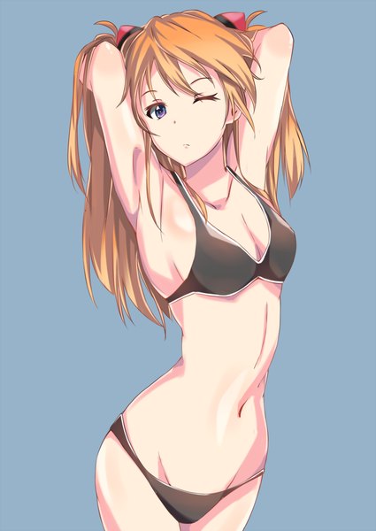 Anime picture 800x1129 with neon genesis evangelion gainax soryu asuka langley kameponde single long hair tall image looking at viewer light erotic simple background standing twintails purple eyes bare shoulders one eye closed orange hair bare legs underwear only blue background hands behind back