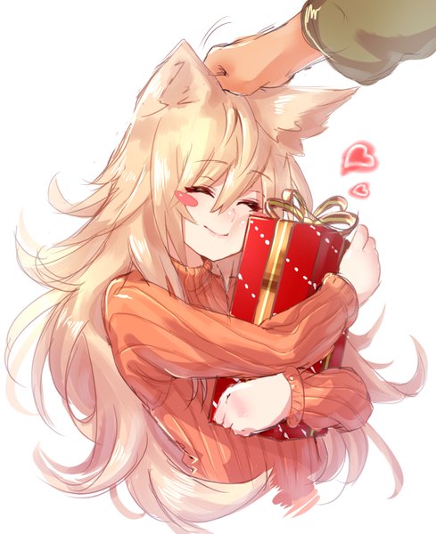 Anime picture 2480x3046 with original deluxe<<< single long hair tall image blush highres simple background blonde hair smile white background animal ears eyes closed ^ ^ girl heart sweater gift hand