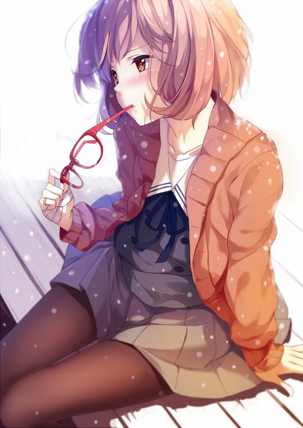 Anime picture 1000x1414 with kyoukai no kanata kyoto animation kuriyama mirai caidychen single tall image blush short hair brown hair sitting holding brown eyes looking away arm support mouth hold snowing winter eyewear removed holding eyewear girl