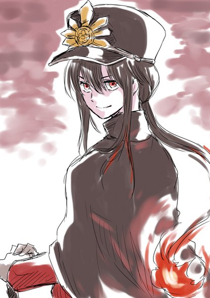 Anime picture 600x849 with fate (series) fate/grand order oda nobukatsu (fate) unya single long hair tall image looking at viewer black hair red eyes upper body ponytail looking back from behind sketch boy cape peaked cap
