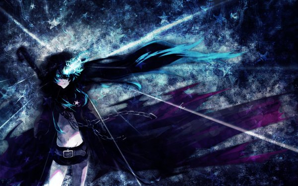 Anime picture 1280x800 with black rock shooter black rock shooter (character) umi-no-mizu single looking at viewer blue eyes black hair wide image very long hair glowing scar glowing eye (eyes) girl gloves weapon sword jacket shorts belt chain