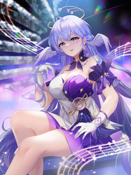 Anime picture 3000x4000 with honkai: star rail honkai (series) robin (honkai: star rail) lingshalan single long hair tall image looking at viewer fringe highres breasts open mouth light erotic smile hair between eyes large breasts sitting bare shoulders silver hair :d