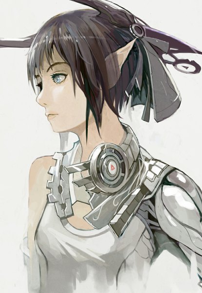 Anime picture 800x1156 with original alchemaniac single tall image short hair blue eyes black hair simple background white background looking away profile pointy ears mechanical arms girl