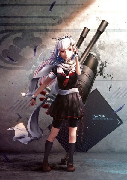 Anime picture 1202x1700 with kantai collection yuudachi destroyer oki (koi0koi) single long hair tall image looking at viewer red eyes white hair remodel (kantai collection) girl skirt weapon socks scarf black socks sailor suit