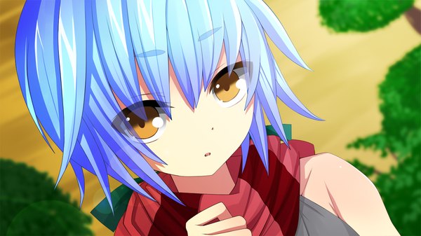 Anime picture 1280x720 with sengoku hime 5 single looking at viewer short hair open mouth wide image yellow eyes blue hair game cg girl scarf
