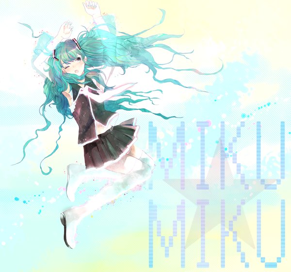 Anime picture 1500x1400 with vocaloid hatsune miku shio oto single long hair twintails nail polish one eye closed wink aqua hair inscription grey eyes girl thighhighs skirt white thighhighs