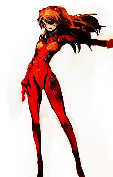 Anime picture 662x1029 with neon genesis evangelion rebuild of evangelion gainax soryu asuka langley hironox single long hair tall image looking at viewer blue eyes simple background white background orange hair outstretched arm girl eyepatch pilot suit
