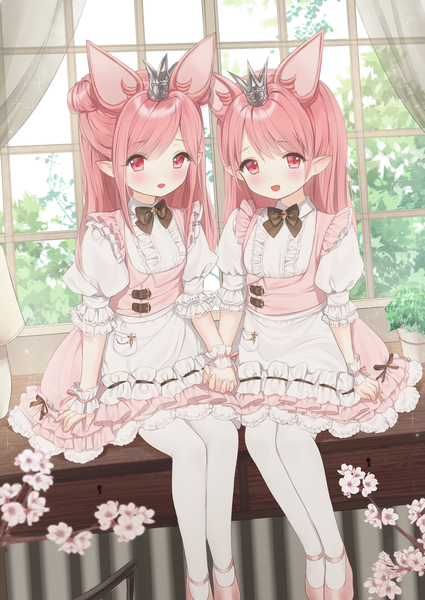 Anime picture 1416x2000 with original haruri long hair tall image looking at viewer blush open mouth sitting multiple girls animal ears pink hair pink eyes pointy ears loli puffy sleeves cherry blossoms frilled dress girl dress flower (flowers)