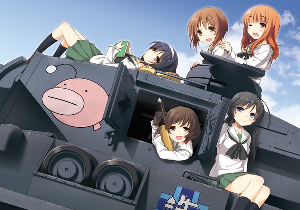 Anime picture 1424x1000 with girls und panzer nishizumi miho akiyama yukari takebe saori reizei mako isuzu hana yume no owari long hair looking at viewer blush fringe short hair open mouth blue eyes black hair hair between eyes brown hair sitting multiple girls brown eyes