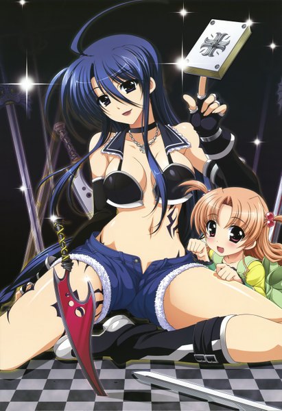 Anime picture 4086x5954 with mahou shoujo lyrical nanoha megami magazine stella of huckebein curren of huckebein long hair tall image highres light erotic black hair red eyes brown hair absurdres black eyes official art checkered floor girl weapon sword shorts fingerless gloves