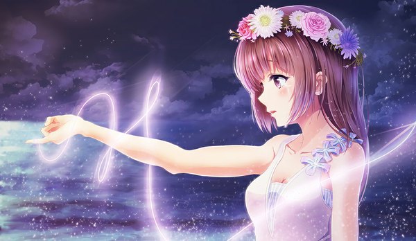 Anime picture 1150x668 with original alc (ex2 lv) long hair blush open mouth brown hair wide image brown eyes cloud (clouds) profile girl dress flower (flowers) sundress wreath thread