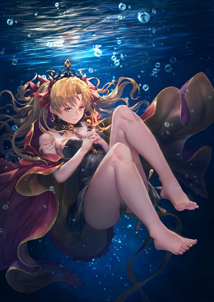 Anime picture 2894x4093 with fate (series) fate/grand order ereshkigal (fate) botamochi single long hair tall image fringe highres light erotic blonde hair bare shoulders looking away cleavage full body bent knee (knees) nail polish barefoot bare legs orange eyes