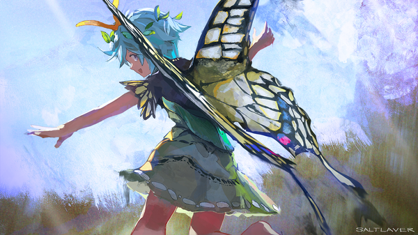 Anime picture 1461x822 with touhou eternity larva saltlaver single short hair open mouth wide image purple eyes signed blue hair profile looking back spread arms insect wings butterfly wings antennae girl dress wings