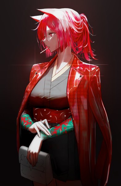 Anime picture 4159x6342 with original ganet p single tall image highres short hair simple background red eyes animal ears looking away absurdres ponytail red hair profile sparkle tattoo black background clothes on shoulders smoking girl