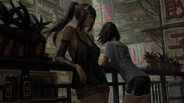 Anime picture 4096x2296 with original guweiz long hair fringe highres short hair breasts black hair wide image large breasts standing bare shoulders multiple girls payot absurdres cleavage outdoors ponytail eyes closed profile
