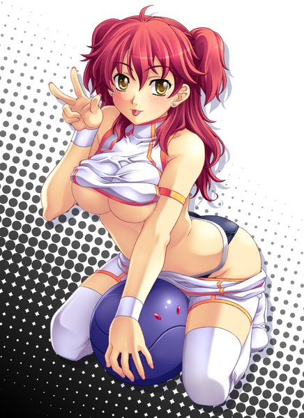 Anime picture 1092x1500 with mobile suit gundam sunrise (studio) nena trinity tall image light erotic yellow eyes ahoge red hair victory undressing shirt lift mechanical girl thighhighs tongue ball