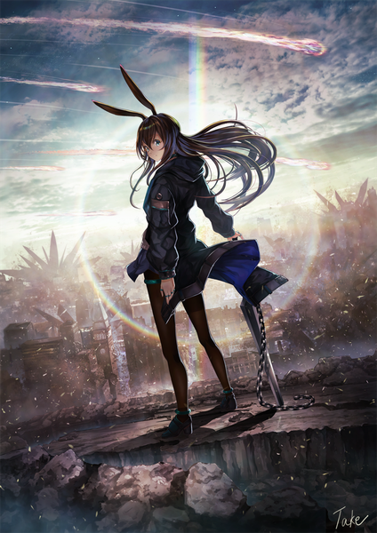 Anime picture 827x1169 with arknights amiya (arknights) budda single long hair tall image looking at viewer fringe blue eyes hair between eyes brown hair standing signed animal ears payot sky cloud (clouds) full body outdoors long sleeves