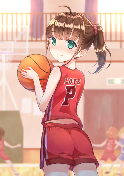 Anime-Bild 2480x3508 mit original profnote tall image looking at viewer blush fringe highres short hair brown hair standing holding payot ponytail indoors blunt bangs looking back aqua eyes light solo focus basketball