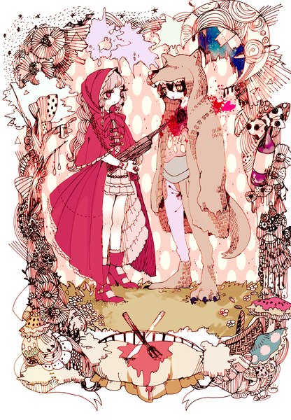 Anime picture 2107x3041 with little red riding hood little red riding hood (character) big bad wolf maydell long hair tall image highres short hair black hair pink hair pink eyes crescent girl boy flower (flowers) bow boots gun blood cape