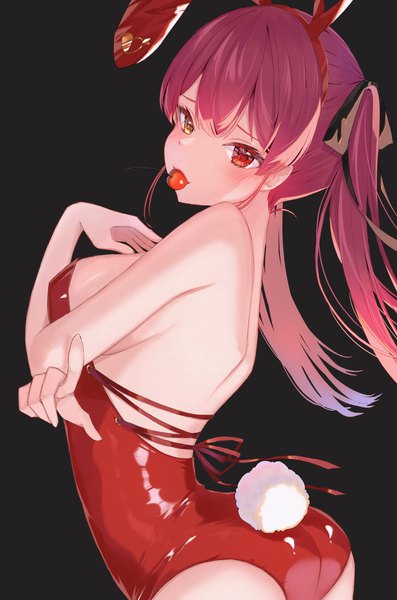 Anime picture 2548x3847 with virtual youtuber hololive houshou marine runlan 0329 single long hair tall image highres breasts light erotic simple background large breasts twintails holding animal ears ass red hair tail animal tail bunny ears