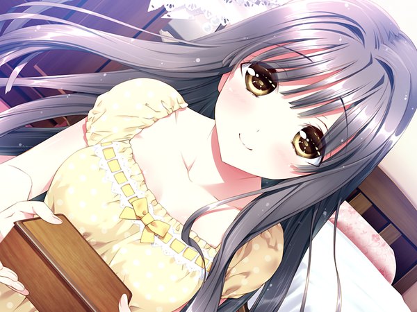 Anime picture 1024x768 with relations sister x sister akagi chisato kamiya maneki single long hair looking at viewer blush black hair smile yellow eyes game cg upper body indoors dutch angle girl