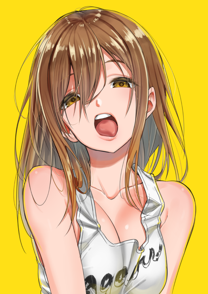 Anime picture 752x1062 with love live! sunshine!! sunrise (studio) love live! kunikida hanamaru kotori asobu single long hair tall image looking at viewer blush fringe breasts open mouth simple background hair between eyes brown hair bare shoulders brown eyes cleavage upper body