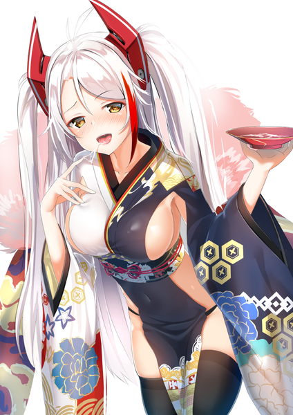 イラスト 848x1200 と アズールレーン プリンツ・オイゲン(アズールレーン) prinz eugen (dance of a hundred flowers) (azur lane) 黒鳶らるむ ソロ 長髪 長身像 カメラ目線 赤面 おっぱい 開いた口 light erotic 大きな乳房 黄色眼 アホ毛 white hair traditional clothes :d 和服 ツーサイドアップ