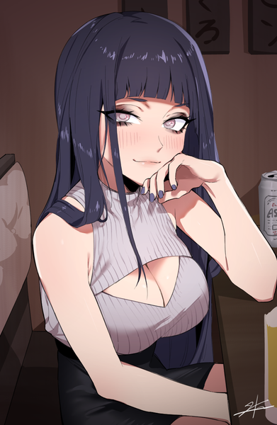 Anime picture 750x1150 with naruto studio pierrot naruto (series) hyuuga hinata j.k. single long hair tall image looking at viewer blush fringe breasts light erotic smile large breasts sitting bare shoulders signed cleavage indoors