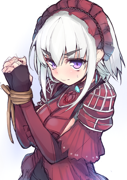 Anime picture 600x848 with hitsugi no chaika studio bones chaika bogdan haruyuki (yukichasoba) single tall image looking at viewer blush fringe short hair simple background white background purple eyes white hair close-up bondage bound hands girl gloves fingerless gloves