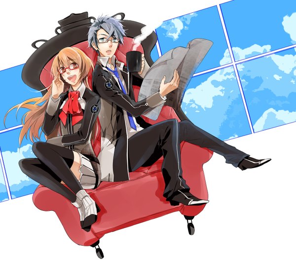 Anime picture 1571x1401 with starry sky pixiv shiranui kazuki tsukiko yahisa ku gumi (pixiv id 496953) long hair short hair open mouth blonde hair smile brown eyes green eyes blue hair sky cloud (clouds) shadow couple steam dual persona girl