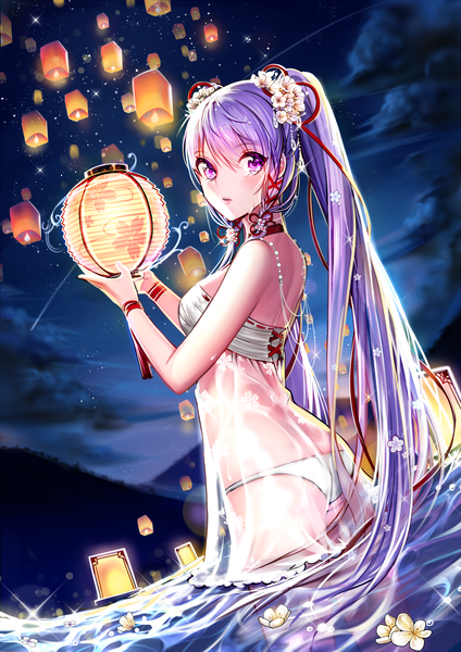 Anime picture 1100x1555 with original honnou (kjs9504) single tall image blush light erotic purple eyes twintails bare shoulders purple hair cloud (clouds) very long hair parted lips looking back hair flower night sparkle wet night sky floral print
