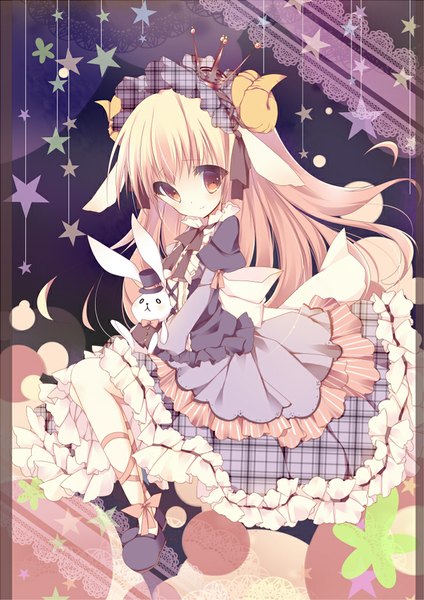 Anime picture 723x1023 with original umino mizu single long hair tall image looking at viewer blonde hair brown eyes animal ears horn (horns) girl dress star (symbol) toy stuffed animal lace stuffed rabbit