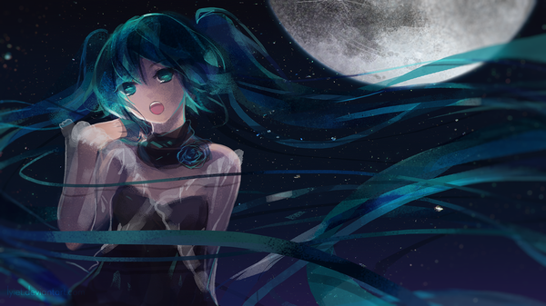Anime picture 1920x1080 with vocaloid hatsune miku lyiet single looking at viewer fringe highres open mouth wide image twintails very long hair aqua eyes wind aqua hair night teeth night sky adjusting hair singing girl