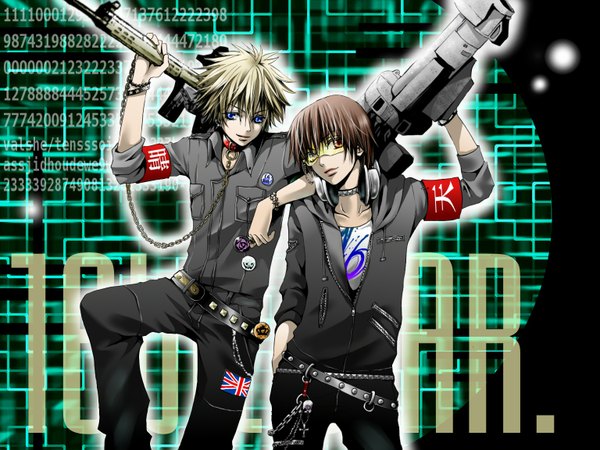 Anime-Bild 1536x1152 mit nico nico singer valshe hakuseki looking at viewer blue eyes simple background blonde hair brown hair standing holding brown eyes light smile multiple boys black background hand in pocket twisty sleeves boy uniform weapon bracelet