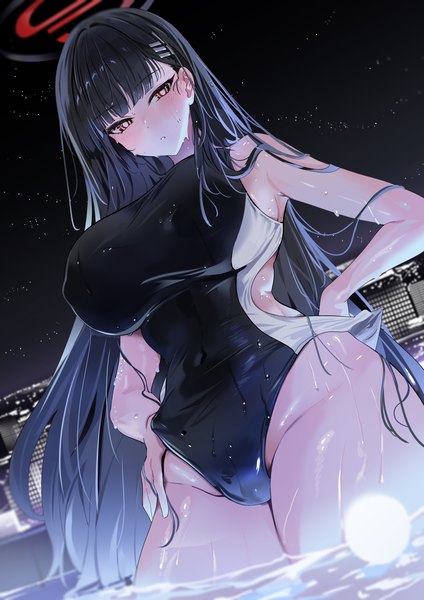 Anime picture 3280x4640 with blue archive rio (blue archive) yuki (asayuki101) single long hair tall image looking at viewer blush fringe highres breasts light erotic black hair red eyes large breasts standing absurdres outdoors blunt bangs parted lips