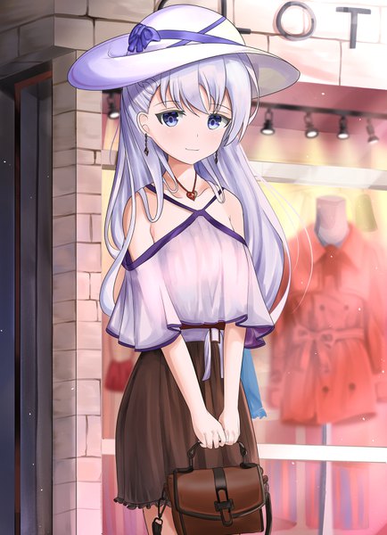 Anime picture 2480x3423 with azur lane belfast (azur lane) lemontea (ekvr5838) single long hair tall image looking at viewer blush fringe highres blue eyes smile standing bare shoulders holding silver hair outdoors pleated skirt blurry inscription