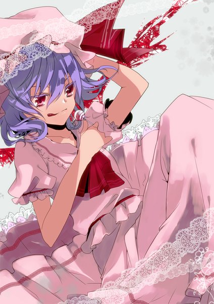 Anime picture 750x1061 with touhou remilia scarlet manyako (mohumohu) single tall image short hair red eyes blue hair :p girl dress wings food sweets tongue bonnet candy lollipop