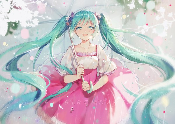 Anime picture 1600x1132 with vocaloid melt (vocaloid) hatsune miku kikikiki single looking at viewer blush fringe open mouth smile twintails holding payot very long hair :d hair flower aqua eyes aqua hair short sleeves happy