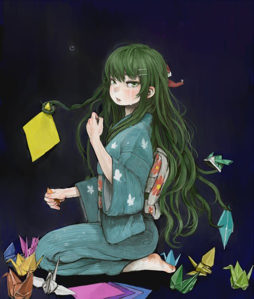 Anime picture 1019x1200 with original ebi (ebimomo) single long hair tall image looking at viewer fringe simple background sitting green eyes traditional clothes japanese clothes barefoot green hair tears dark background crying girl hair ornament animal