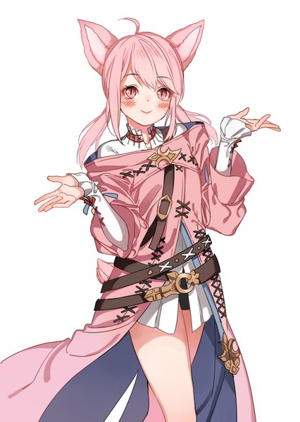 Anime picture 620x874 with final fantasy final fantasy xiv square enix miqo'te haijin single long hair tall image blush simple background smile white background animal ears pink hair ahoge tail long sleeves animal tail pink eyes cat ears