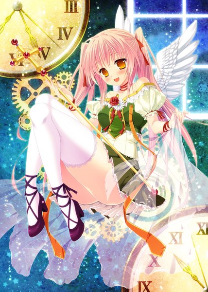 Anime picture 1000x1403 with original minatsuki alumi single long hair tall image blush open mouth light erotic smile twintails pink hair orange eyes angel wings girl thighhighs dress ribbon (ribbons) hair ribbon white thighhighs window