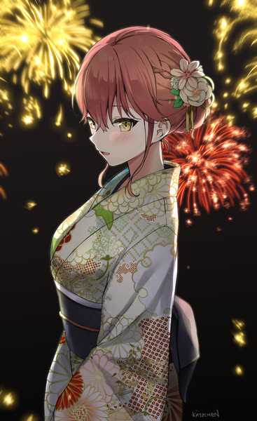 Anime picture 2888x4725 with original liliya (kaetzchen) kaetzchen single tall image looking at viewer blush fringe highres short hair open mouth hair between eyes brown hair standing signed yellow eyes traditional clothes japanese clothes hair flower night