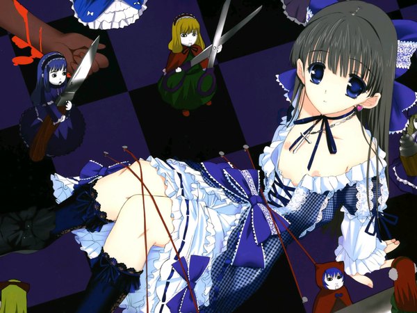 Anime picture 1600x1200 with long hair highres blue eyes light erotic black hair otoko no ko gothic frills blood knife doll (dolls) scissors kusaka
