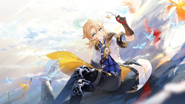 Anime picture 4800x2700 with genshin impact albedo (genshin impact) crystalfly (genshin impact) rafaelaaa single highres short hair blue eyes blonde hair wide image sitting looking away absurdres outdoors arm up crossed legs boy gloves elbow gloves branch