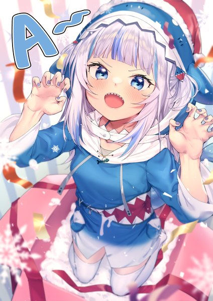 Anime picture 1323x1871 with virtual youtuber hololive hololive english gawr gura gawr gura (1st costume) shennai misha single long hair tall image looking at viewer blush fringe open mouth blue eyes silver hair tail blunt bangs nail polish :d multicolored hair