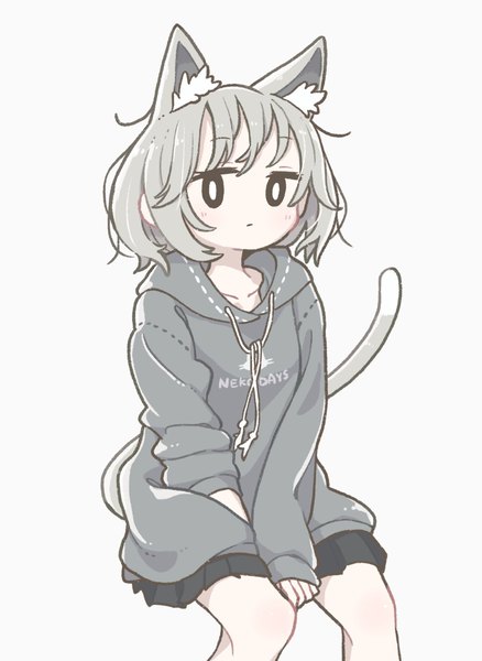 Anime picture 1494x2048 with original east sha2 single tall image looking at viewer fringe short hair simple background white background sitting animal ears tail long sleeves animal tail pleated skirt grey hair black eyes cat ears cat girl cat tail