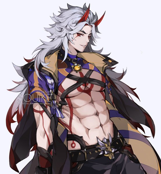 Anime picture 1762x1908 with genshin impact arataki itto souike single long hair tall image looking at viewer highres simple background red eyes white background silver hair upper body horn (horns) tattoo muscle oni horns abs boy vision (genshin impact)