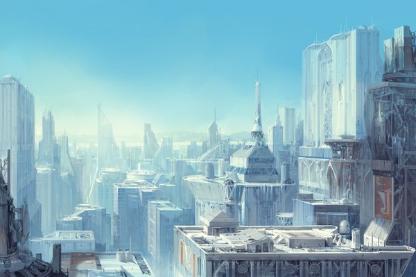 Anime picture 1250x835 with original paperblue sky wallpaper city cityscape no people scenic science fiction panorama building (buildings) skyscraper