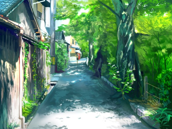 Anime-Bild 1200x900 mit original bun (artist) single summer girl plant (plants) tree (trees) building (buildings) umbrella grass road