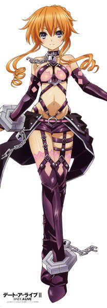 Anime picture 1408x4059 with date a live yamai kaguya single long hair tall image looking at viewer blush breasts blue eyes light erotic white background scan orange hair official art drill hair girl navel boots thigh boots chain
